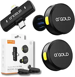 Microfone de Lapela Duplo Sem Fio α’GOLD Premium – Áudio Profissional, Cancelamento de Ruído, 10h Bateria, Compatível com iPhone e Android USB-C, Ideal para Vídeos, Lives e Podcasts