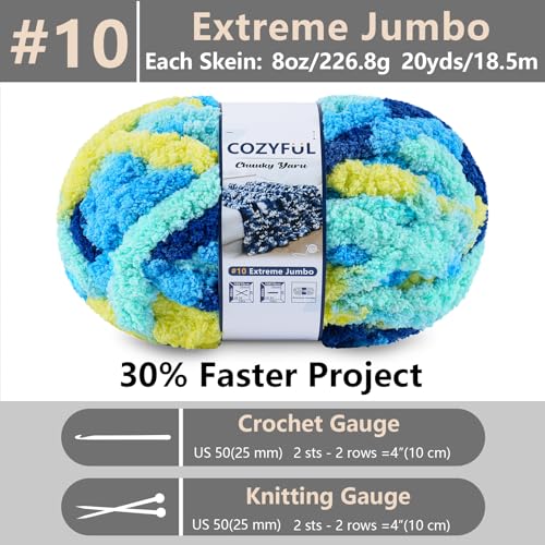 Image of Cozyful Chunky Yarn for Hand Knitting - #10 Chunky Chenille Blanket Yarn, Jumbo Big Thick Chunky Yarns for Crocheting, Tie Dye Bulky Knit Yarns, 8 Skein (20 yds 8 oz Each Skein), Multi Blue & Yellow