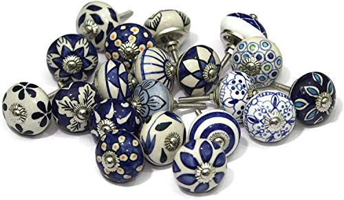Image of Ceramic Vintage Assorted Blue Pottery Drawer, Door Knobs and Pulls Handle for Kitchen Cabinets Home Interior D�cor (20, Blue) Pack of 20