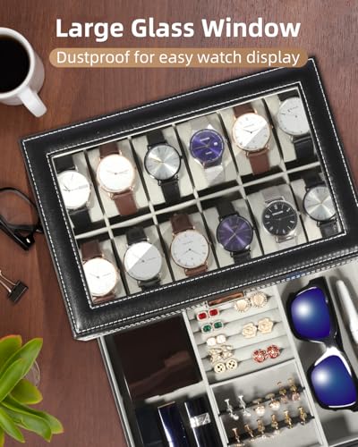 Image of Uten Watch Box, 12 Slots PU Leather Watch Display Case with Jewelry Drawer, Removable Watch Pillow, Metal Clasp, Watch Box Organizer