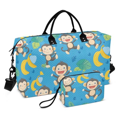 Large Travel Duffel Bag Sports Tote Gym Bag Overnight Weekender Bags Cute Monkey Banana Carry On Luggage with Toiletry Bags