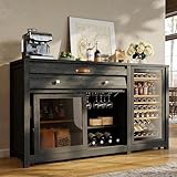 STO'SENSE Extra Large Coffee Bar Cabinet w/Fridge Space&Power Outlet,Lux MiniFridge Cabinet w/2Drawers,Wine Rack,Leather Handle,Adj.Shelves,Bar Tray,Glass Holder&Sliding Door,Buffet Sideboard,Black