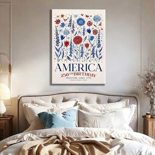 Image of RIBNTAK Vintage Patriotic America 250th Birthday Wall Decor, 1776 Floral Canvas Prints, 4th of July Wildflower Art, Red White Blue Pictures for Kitchen, Office, Rustic Home, Made in USA