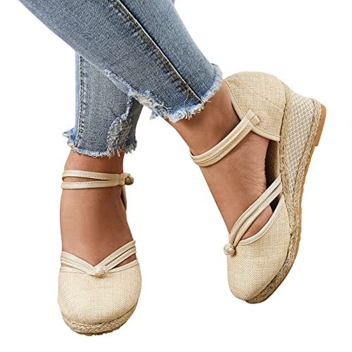 Wedges Espadrilles Women, Chunky Heel Over-Toed Sandals Comfortable Platform Summer Breathable Sandals Arch Support