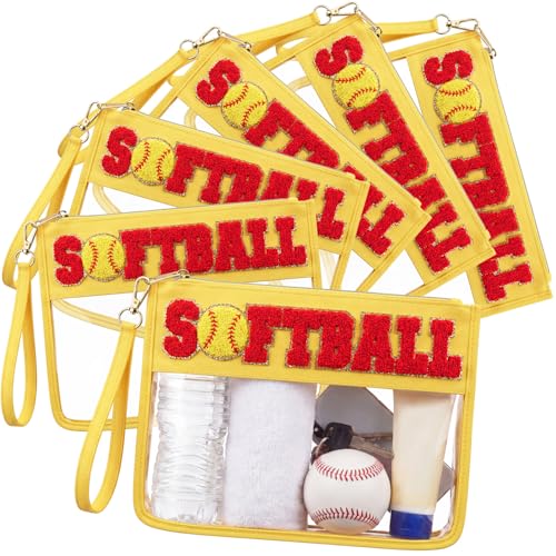 Kacctyen 6 Pcs Makeup Bag Chenille Letter Softball Bags with Zipper, Clear Waterproof Cosmetic Toiletry Pouch with Handle Gym Travel Summer Gifts for Women Girls (Golden Yellow, SOFTBALL)