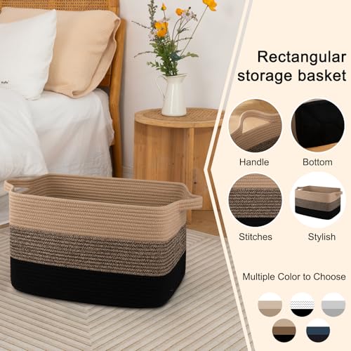 Image of OIAHOMY Large Blanket Basket, Rectangle Woven Baskets, Nursery Blanket Storage Living Room, Toy Storage With Handle, Large Baskets for Organizing-17.7 inchx13.8 inchx11 inch-Yellow Black