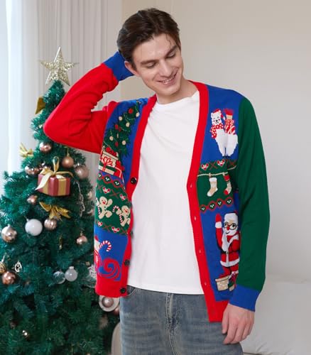 RAISEVERN Ugly Christmas Sweater for Mens Cardigan Button Down V Neck Funny Knit Xmas Holiday Party3