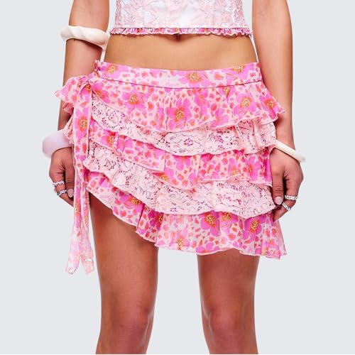 Women Floral Lace Patchwork Mini Skirt Y2k Low Rise Ruffle Pleated Short Skirt Tiered A Line Flowy Streetwear4