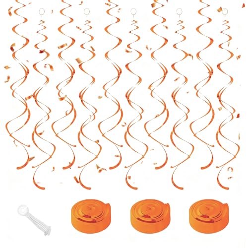 Image of Orange Hanging Swirls Party Decorations 30 Pack- Extra Long Double Swirl Ceiling Decorations for Halloween, Baby Shower, Christmas, Wedding, Birthday Decorations| Reusable Orange Streamers with Hooks