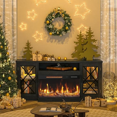 Image of BREEZEHEAT Fireplace TV Stand for TVs up to 70 inch, 3-Sided Electric Entertainment Center with 24 inch LED Fireplace, Media Console w /Storage Cabinet & Glass Doors, 59Inch, Black