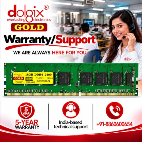 Image of Dolgix Gold 16GB DDR4 Desktop RAM 2400MHz (Memory) U-DIMM | Long-DIMM | CL- 17 | PC4-19200 | 2Rx8 Dual Rank | 5Year -Warranty (Made in India)