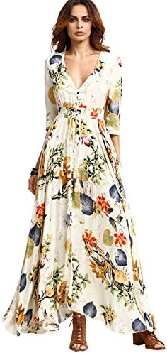 Women's Button Up Split Floral Print Flowy Party Maxi Dress