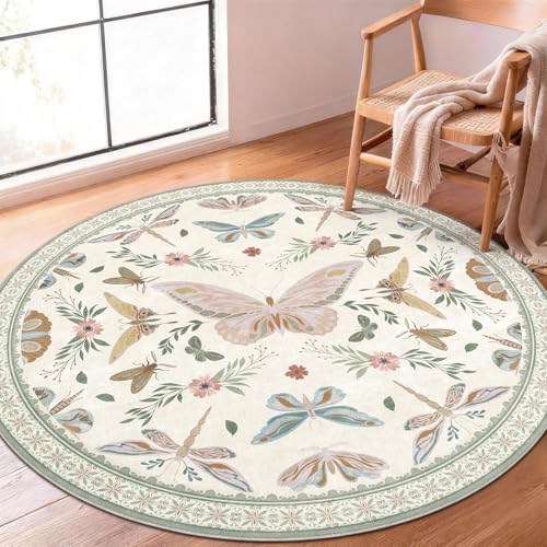 SOANNY Round Rug Living Room Soft Washable Non Slip Ivory Sage 120cm