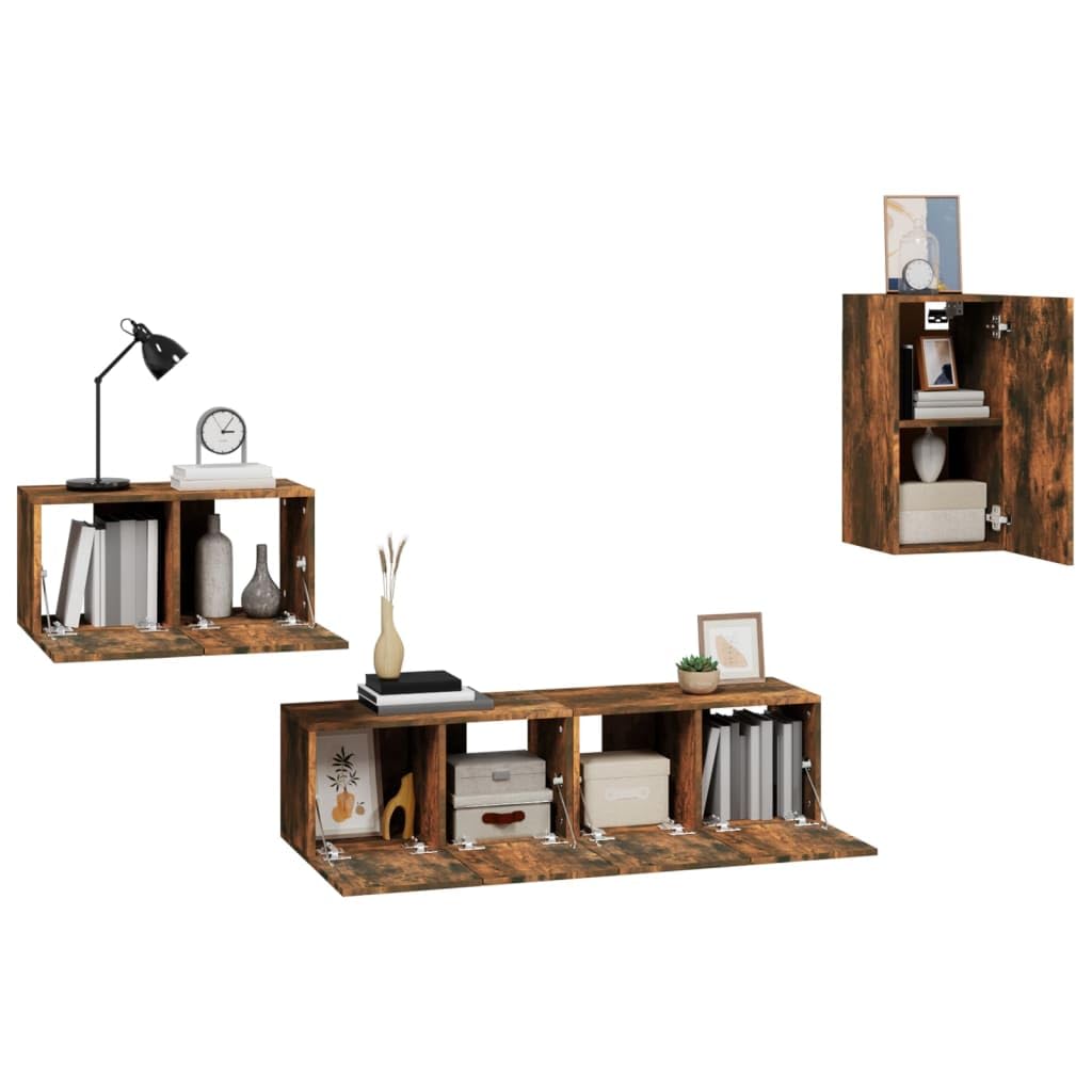 Générique Set mobile TV 4 pezzi Chene Fume, legno Ingenierie | Design da parete, grande spazio per riviste DVD, porte antipolvere, facile da pulire