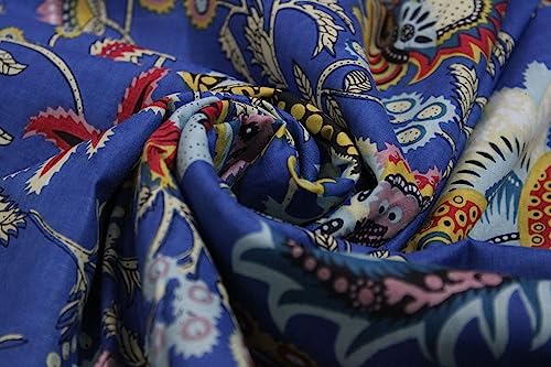 Image of Indian Hand-Block Printed Jaipuri Mukut Floral Print Ethnic Sanganer Kurti Print Cotton Fabric (10 Yards, Royal Blue Mukut)