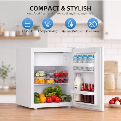 Image of Antarctic Star Compact Refrigerator Mini Fridge with Single Reversible Door,Wire Shelf,Defrost Button, for Bedroom /Office /Dorm,1.3 Cu. Ft,White