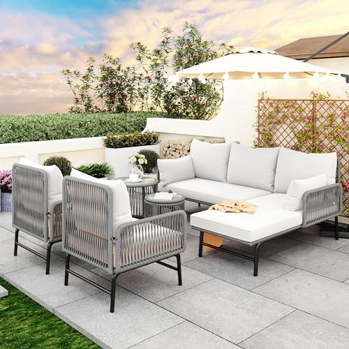 Juego de salón de jardín con estructura de hierro y cuerda beige. Muebles de exterior de cuerda tejida, dos sillones, dos mesas y dos sofás de 2 plazas (todos los cojines incluidos) (gris)