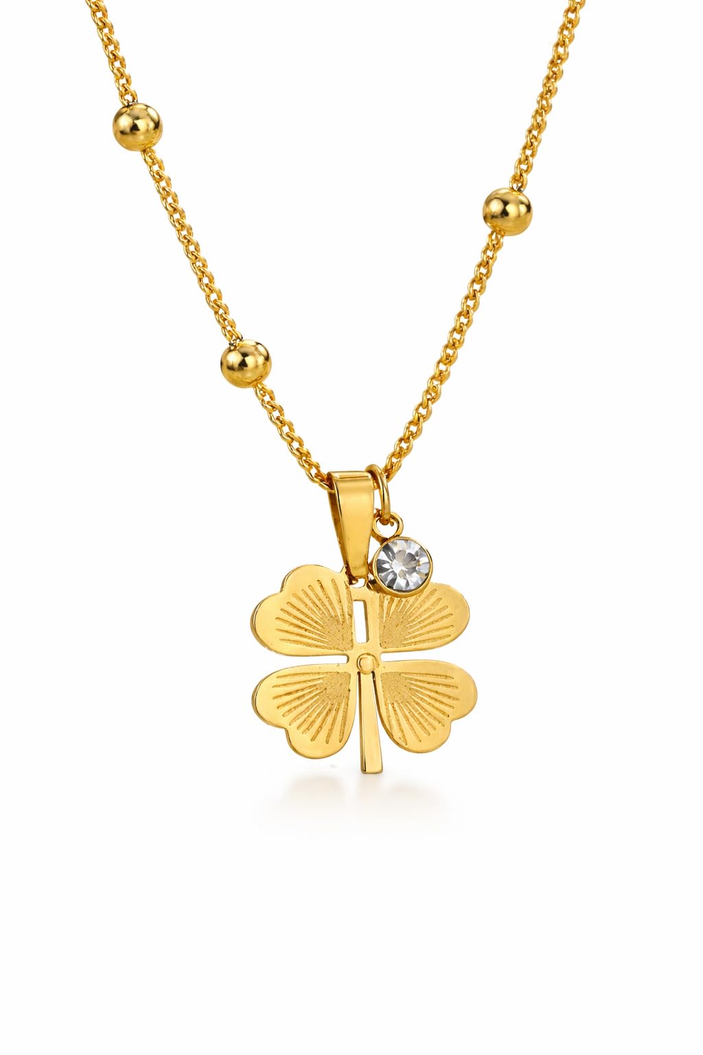 Gold Plated Four Leaf Clover Pendant Necklace for Women | Lucky Charm Crystal Necklace with Beaded Chain | Anti Tarnish Jewelery | Minimalist Daily Wear Jewelry Gift for Girls-image-21