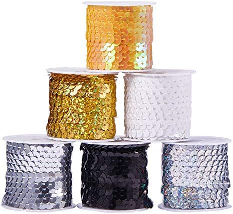 PH PandaHall 30 Yards Spangle Flat Sequins 6mm 6 Color Crafts Sequin Strip Sewing Paillette Spool String Metallic Shiny Trim for Mermaid Dress Embellish Headband Halloween Costume (Dark Series)