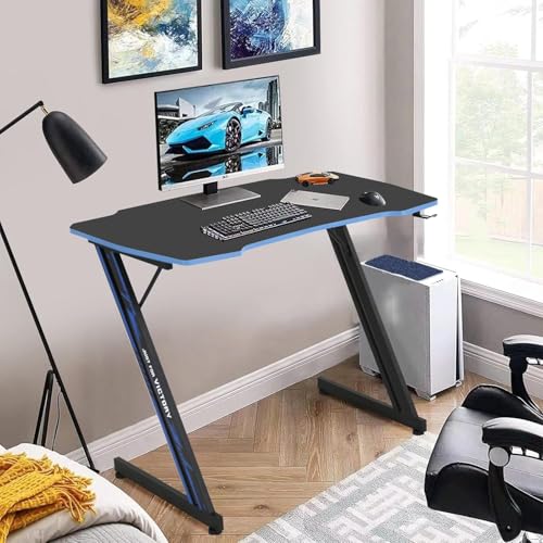 Image of 35 in Gaming Desk Z-Shaped Game Computer Desk with Hook Cheap PC Game Table Home Office Desks for Bed Sofa, Gaming Workstation for Kid, Easy to Install, Lightweight to Move, Blue