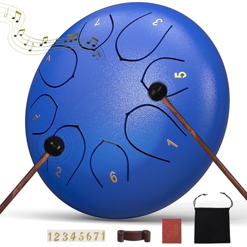 Image of Rain Drum for Outside Garden, 6 Inches 8 Notes Steel Tongue Chakra Drums, Waterproof Meditation Echo Rain Chime, Musical Instruments for Adult Gift with Bag, Music Book (Dark Blue)
