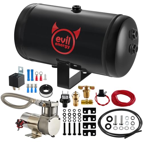 EVIL ENERGY Air Tank and Compressor 1 Gallon Kit 5 Ports 1/4 NPT 150PSI Rated 12V Air Tank Compressor for Truck Air Horn Inflating Tires Suspension Systems Train Horn DIY Pneumatic Tools