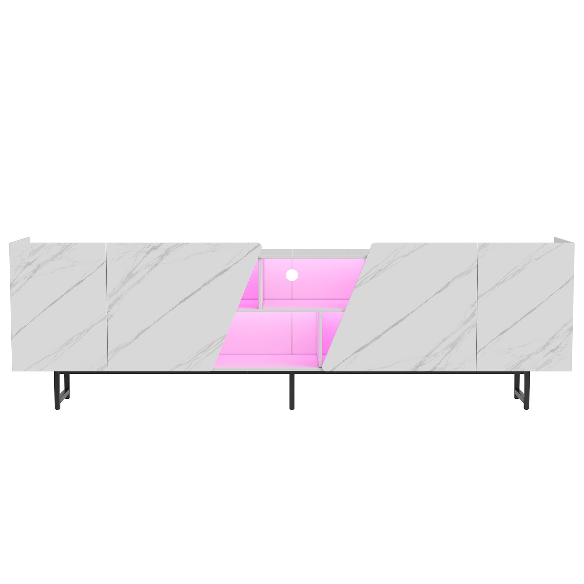 Meuble TV 220 cm avec éclairage LED RGB, Meuble TV Effet marbre avec 4 Portes et étagères Ouvertes, Meuble télévision Moderne avec Pieds en métal pour Salon