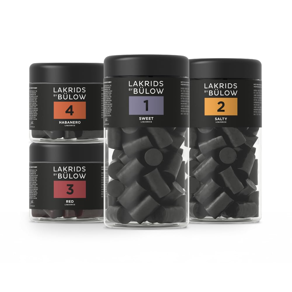 LAKRIDS BY BÜLOW - Lakritz Probierset - SWEET, SALTY, RED & CHILI - Vegane Gourmet Lakritze aus Dänemark - 1020g