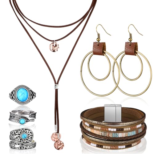 Image of Ecally Bohemian Western Jewelry Turquoise Set Women Country Pendant Long Choker Layered Bracelets Earrings Ring for Women