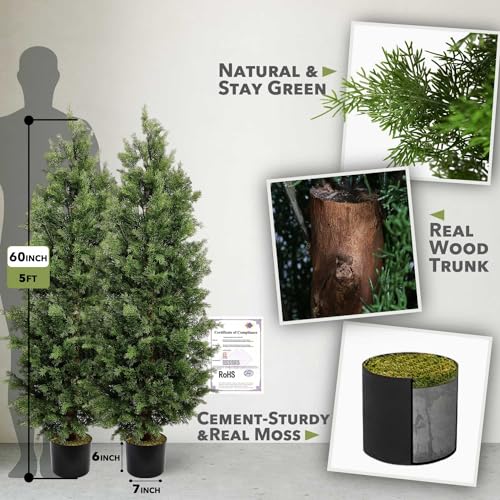 Image of Aveyas 5ft Artificial Cedar Topiary Trees for Outdoor Front Porch Door, 5 Feet Faux Potted Plants Evergreen Fake Pine Cypress Tree for Outside Home Decor (5 ft Tall) - Set of 2 Pack