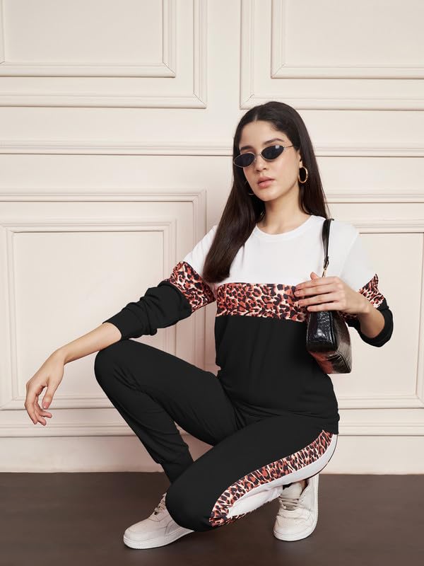 Image of DTR FASHION Polyester Blend Animal Print Taped Tracksuit | Night Wear Suit For Women