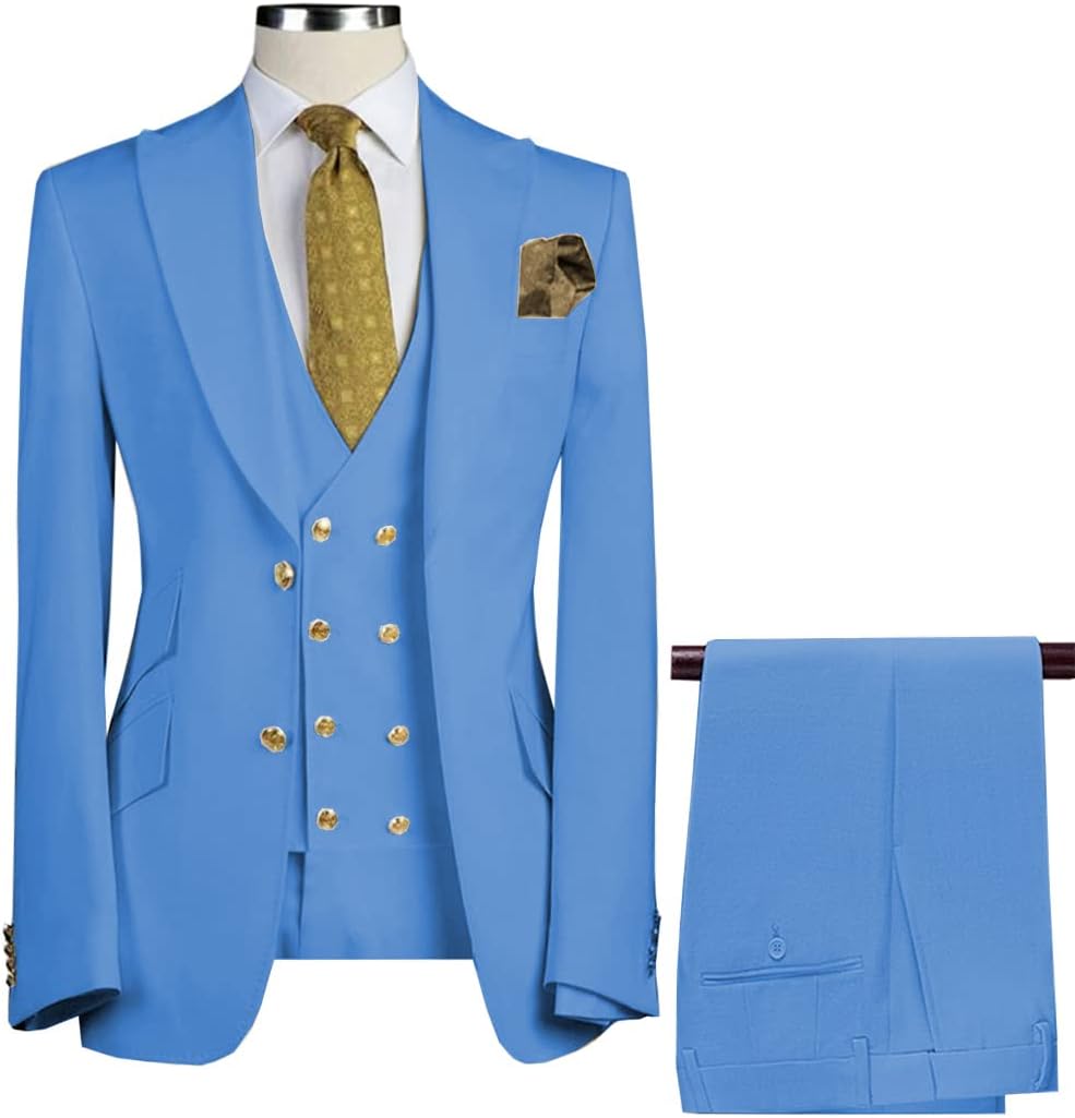Formal Men's Suit Regular Fit 3 Piece Solid Prom Tuxedos Business Suits Set for Wedding Grooms
