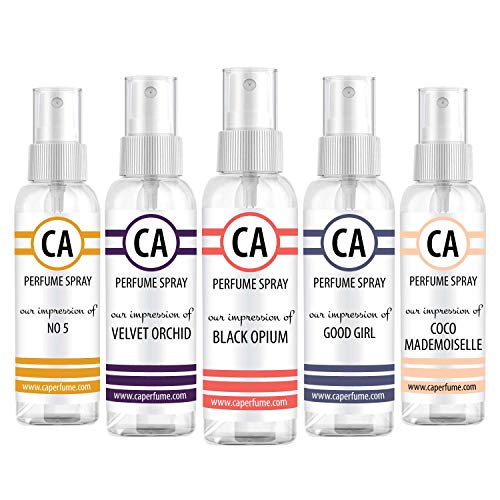CA Perfume All Time Classic Women Set Impression of ( No 5 + Velvet Orchid + Black Opium + Good Girl + Modemoiselle ) Fragrance Sample Travel Size Parfum Sprayer ( 2 Fl Oz/60 ml) x 5