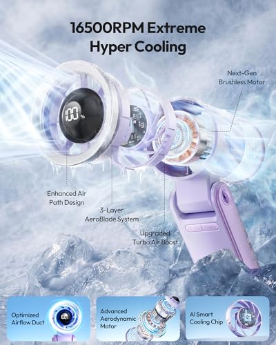 Image of Gaiatop Portable Handheld Turbo Fan, 15 Hrs Cooling, 180 Foldable 4-in-1 Hand Held Fans, 6-Speed (1-100) Personal Mini Handheld Fans, Small Portable Fan for Travel Working Outdoor, Women Gifts Purple