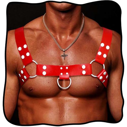 Fstrend Men's Harness Leather Chest Belt Rivets Red Shoulder Strap Fashion Rave Body Accessory