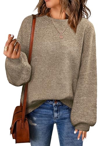 Image of NIeyook Womens Sweaters 2024 Cute Balloon Sleeve Oversized Pullover Knit Tops Fall Lightweight Heathered Sweater Dark Khaki L