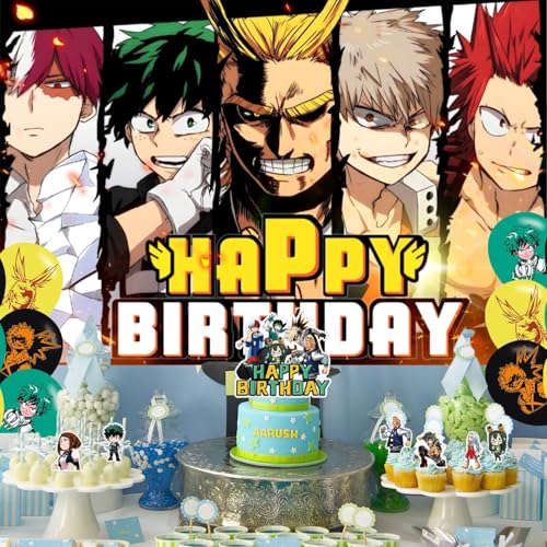 Image of OUDINI Academia of My Hero Birthday Party Backdrop, Decoration, Banner, Photo Backgrounds Props - 5ft x 3ft, Yellow, Cotton, Polyester, Includes 18 Pcs Balloons & Cupcake Toppers