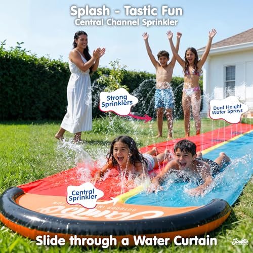 Image of JAMBO Premium 18Ft Budget Slip Splash and Slide, Heavy Duty Water Slide with Advanced Sprinkler System, Backyard Waterslide, Splash Mat, Outdoor Water Toys n Slides for Kids