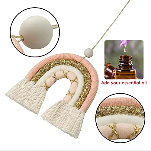 Image of BOHO GARDEN Macrame Rainbow Charm - Essential Oil Diffuser for Cars, Baby Nursery, Children's Bedroom & Home Decor - Colorful Decorative Hanging Air Freshener & Accessories - 3.5x4 - Rose Gold