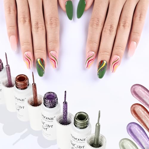 Image of JODSONE Nail Art Gel Liner Set 10 Colors Glitter Purple Gold Green Gel Nail Polish Need U V Lamp Cured with Thin Brush at Home Salon Design,Gifts for Women