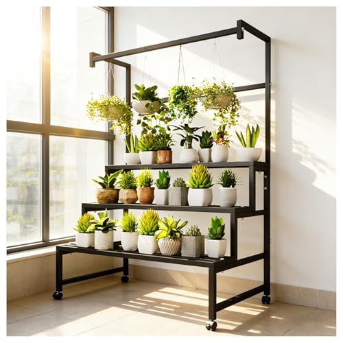 4Tier Sturdy Metal Plant Stand with Wheels, Black Multiple Tiered Flower Display for Indoor Outdoor, Large Metal Florist Shelf with Wheels, Stair Shape, Gondola Pole Height Adjustable, for Balcony Garden (31in)