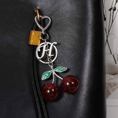 Heart-Shaped Keychain with Initial A-Z and Cherry Charm Bag Charms for Women,Car Accessories