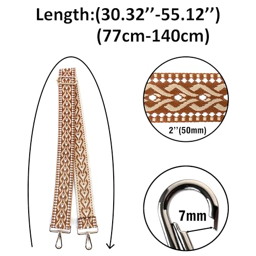 Image of Brown Beige Geometric Jacquard Purse Strap with Light Gold Hardware 2 Inch Wide Replacement Crossbody Guitar Style Shoulder Strap for Handbags Totes