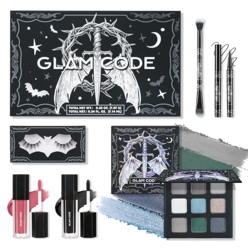 Glam Code Goth Makeup Kit with Gray Eyeshadow, Eyeliner, Faux Eyelashes