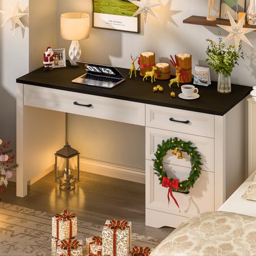 Image of Vabches Farmhouse Executive Desk with Storage and Ample File Drawer, Rustic Large Home Writing Desk for Bedroom, Black