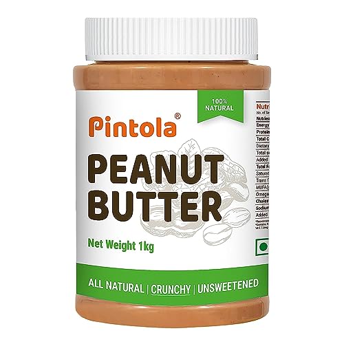 Pintola All Natural Peanut Butter (Crunchy) | Unsweetened | 30g Protein | Non GMO | Gluten Free | Vegan | Cholesterol Free (1kg)