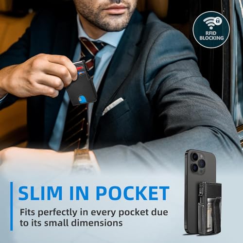 Image of VOGARD Slim RFID Blocking Wallet for Men | Pop-Up Card Holder with Money Clip & Coin Pocket | Magnetic Flip Leather Wallet | Holds 9 Cards, Cash & Keys | Black