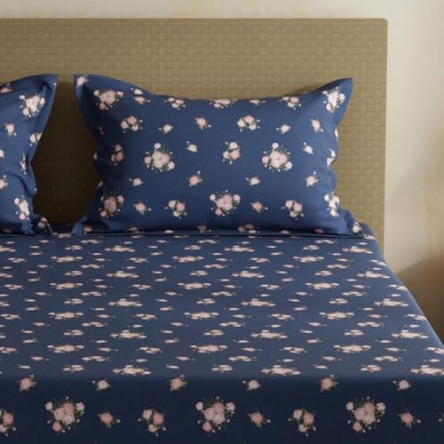 Image of Layers 100% Cotton Bedsheet for Double Size Bed | Lumina Floret Collection | 144 TC Soft & Breathable | Floral Print with 2 Pillow Covers | Wrinkle Free & Colorfast | 3 Piece Bedding Set - Blue