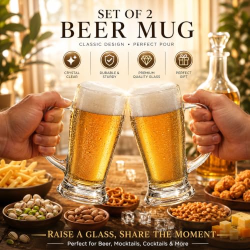 Image of WRINGO Beer Mugs Set of 2, 450ML Glass Mug with Handle, Large Big Heavy Mugs for Freezer, Multipurpose Mugs, Dishwasher & Microwave Safe (BR-06)