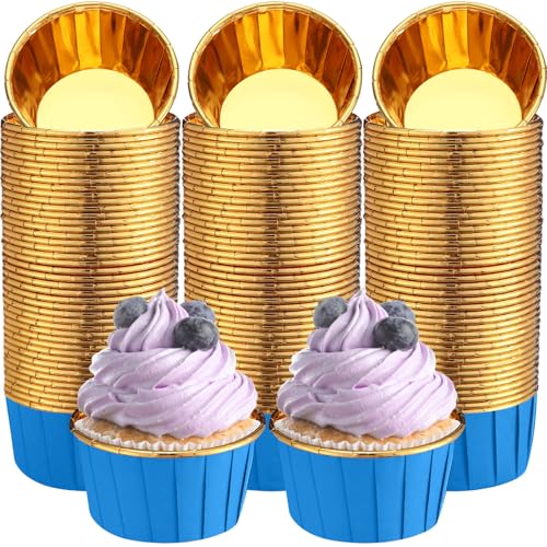 Image of 300 Pack Blue Gold Cupcake Liners Bulk Disposable Foil Muffin Cup
